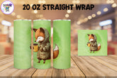 20 oz Sublimation Tumbler Wrap - Watercolor Sleepy Fox holding a Coffee